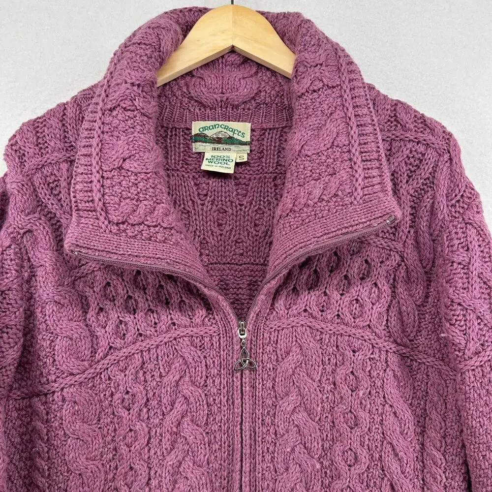 ARAN CRAFTS Sweater Womens S Merino Wool Fisherman Cardigan Zip Up Purple
